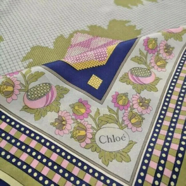 Chloe Blue Purple Green Pink Print Cross Stitch Silk Scarf