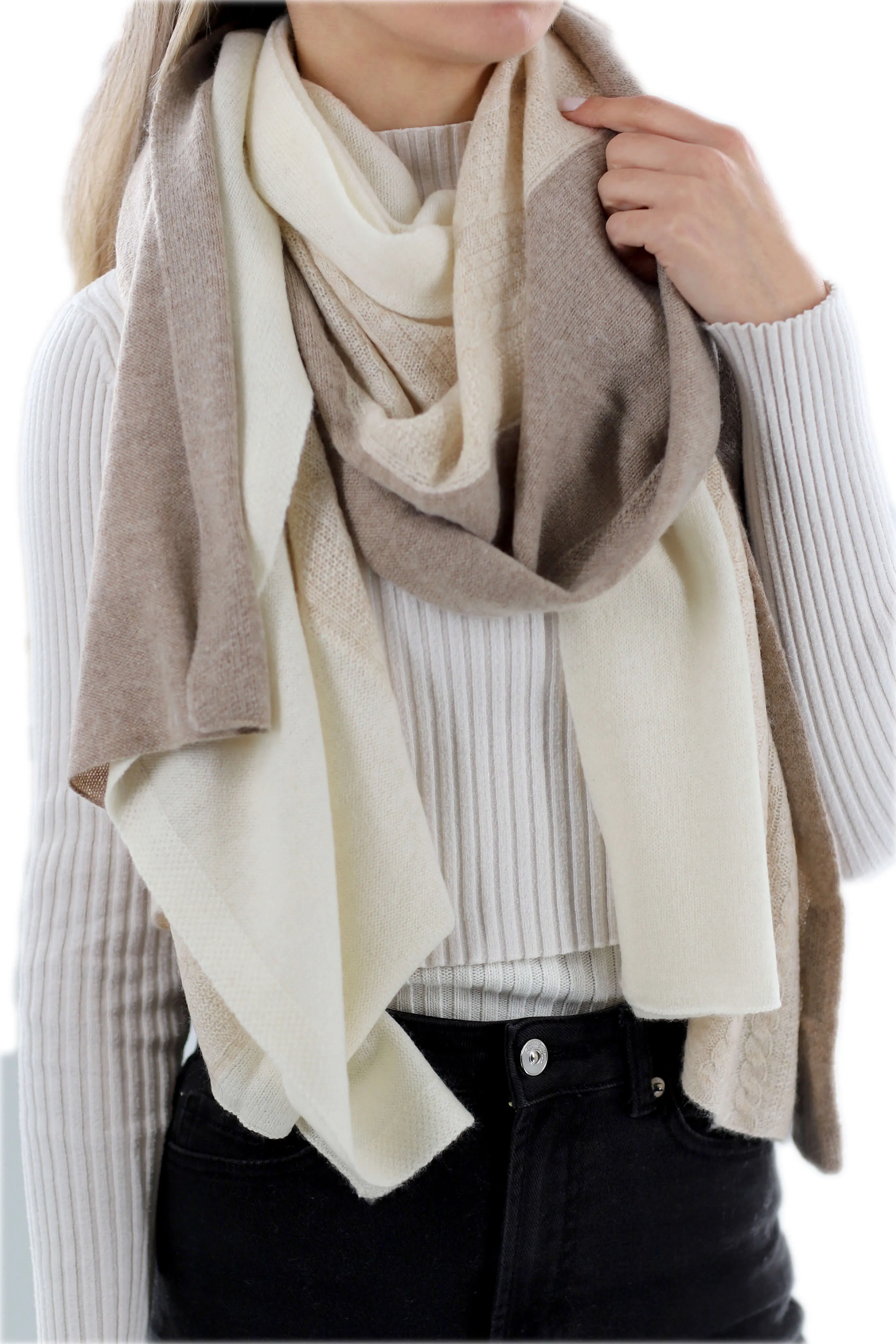 Color block Cashmere Blend Scarf - Ivory/Beige One Size
