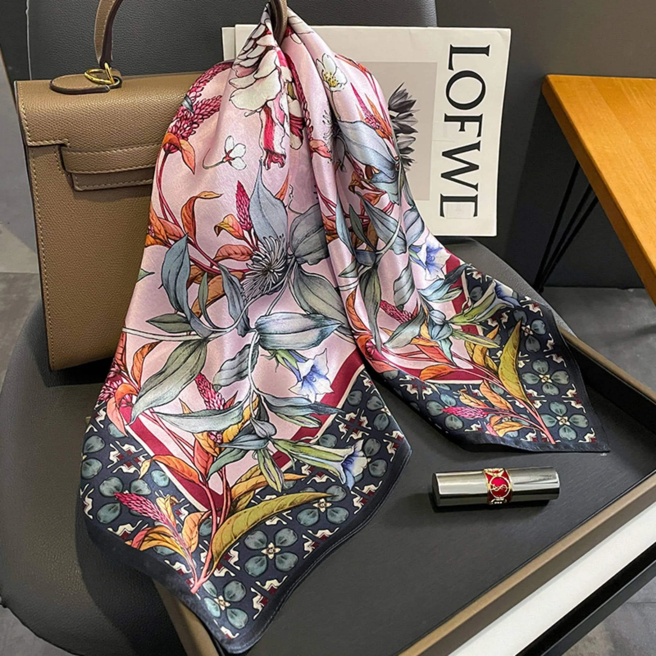 Colourful pink flowers mulberry silk scarf/65CM 100% mulberry silk scarf/Silk shawl/Gift for her