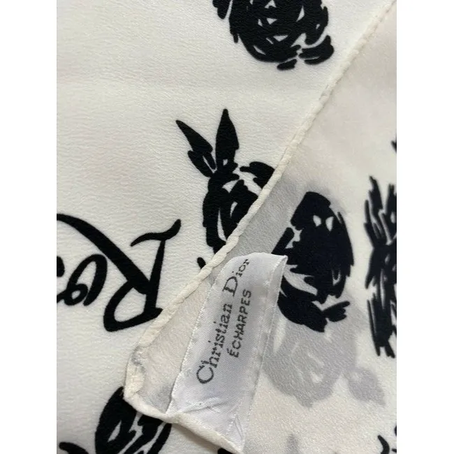 Dior Black White Roses And Logo Christian Dior Scarf