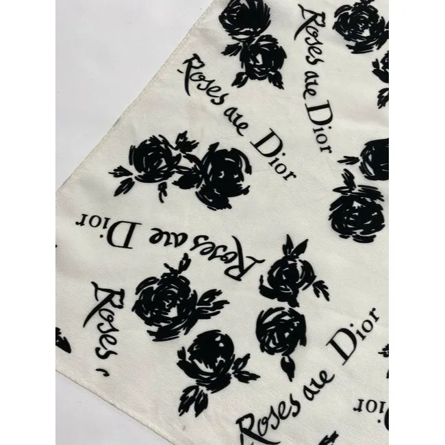 Dior Black White Roses And Logo Christian Dior Scarf