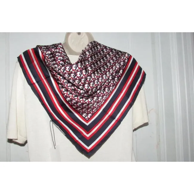 Dior Red White Navy Trotter Print Logo Silk Scarf