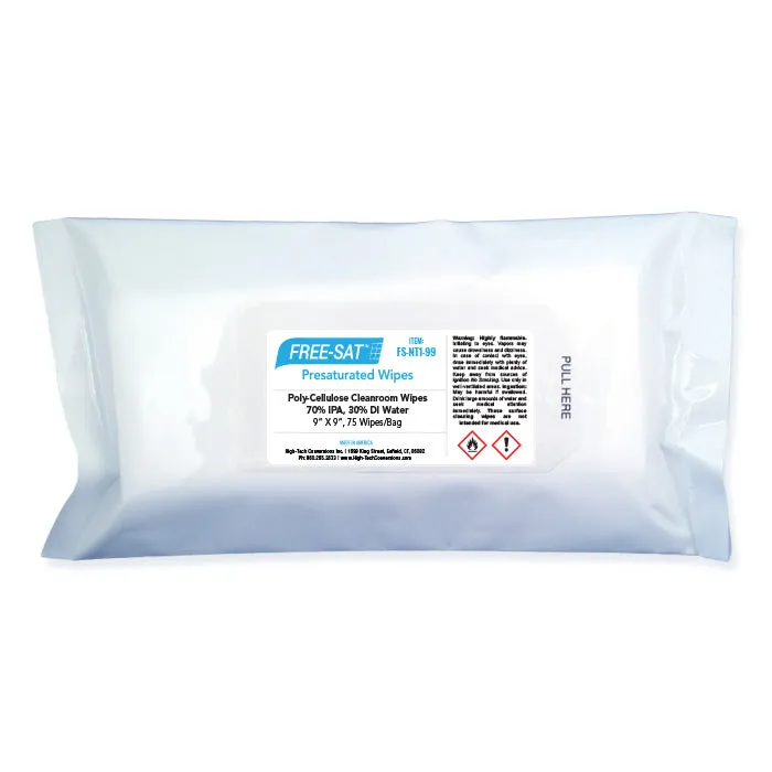 FREE-SAT, "CLEAN-CUT", Pre-Saturated Nonwoven Wipes, 70% Isopropyl Alcohol/30% Deionized Water, 9"X9", 75/Bag, 12 Bags/Case