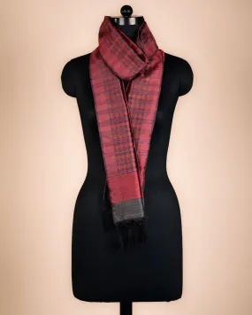 Gray Banarasi Houndstooth Red & Maroon Tanchoi Brocade Handwoven Unisex Silk Wool Scarf 72"x11"