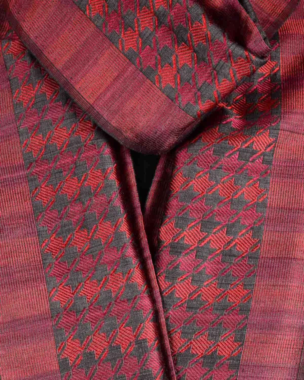 Gray Banarasi Houndstooth Red & Maroon Tanchoi Brocade Handwoven Unisex Silk Wool Scarf 72"x11"