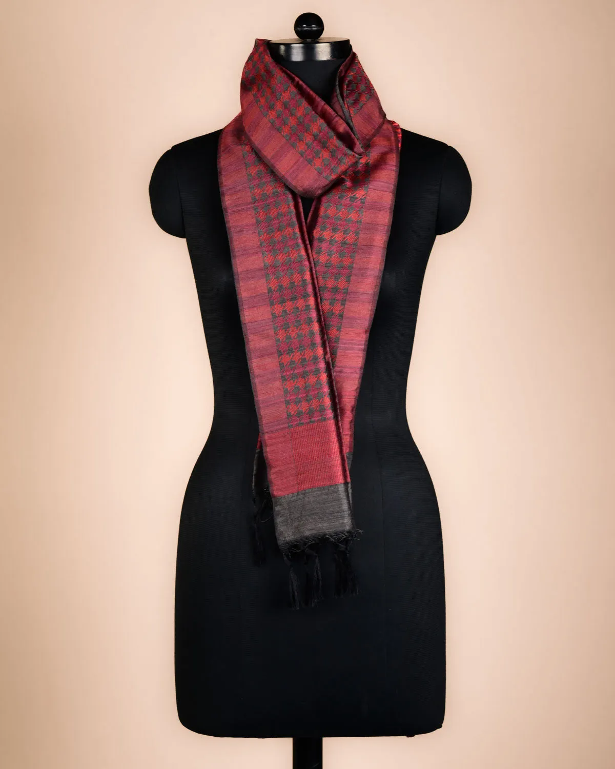 Gray Banarasi Houndstooth Red & Maroon Tanchoi Brocade Handwoven Unisex Silk Wool Scarf 72"x11"