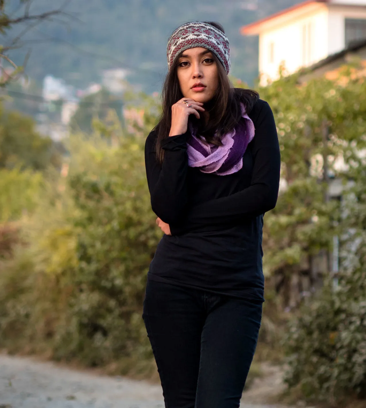 Gray Red Multicolored Pure Wool Head Band