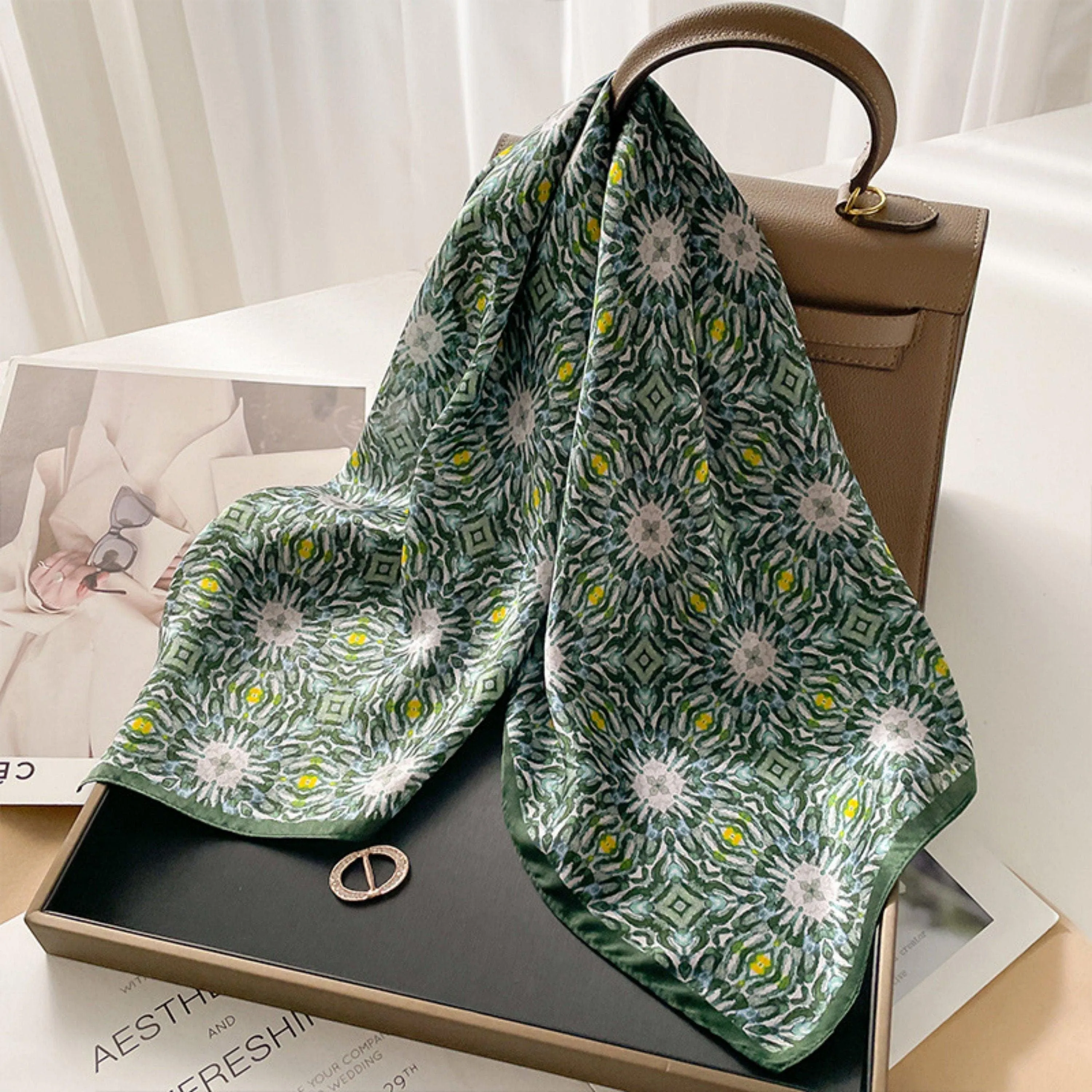 Green oil painting mulberry silk scarf/65CM 100% mulberry silk scarf/Silk shawl/Gift for her