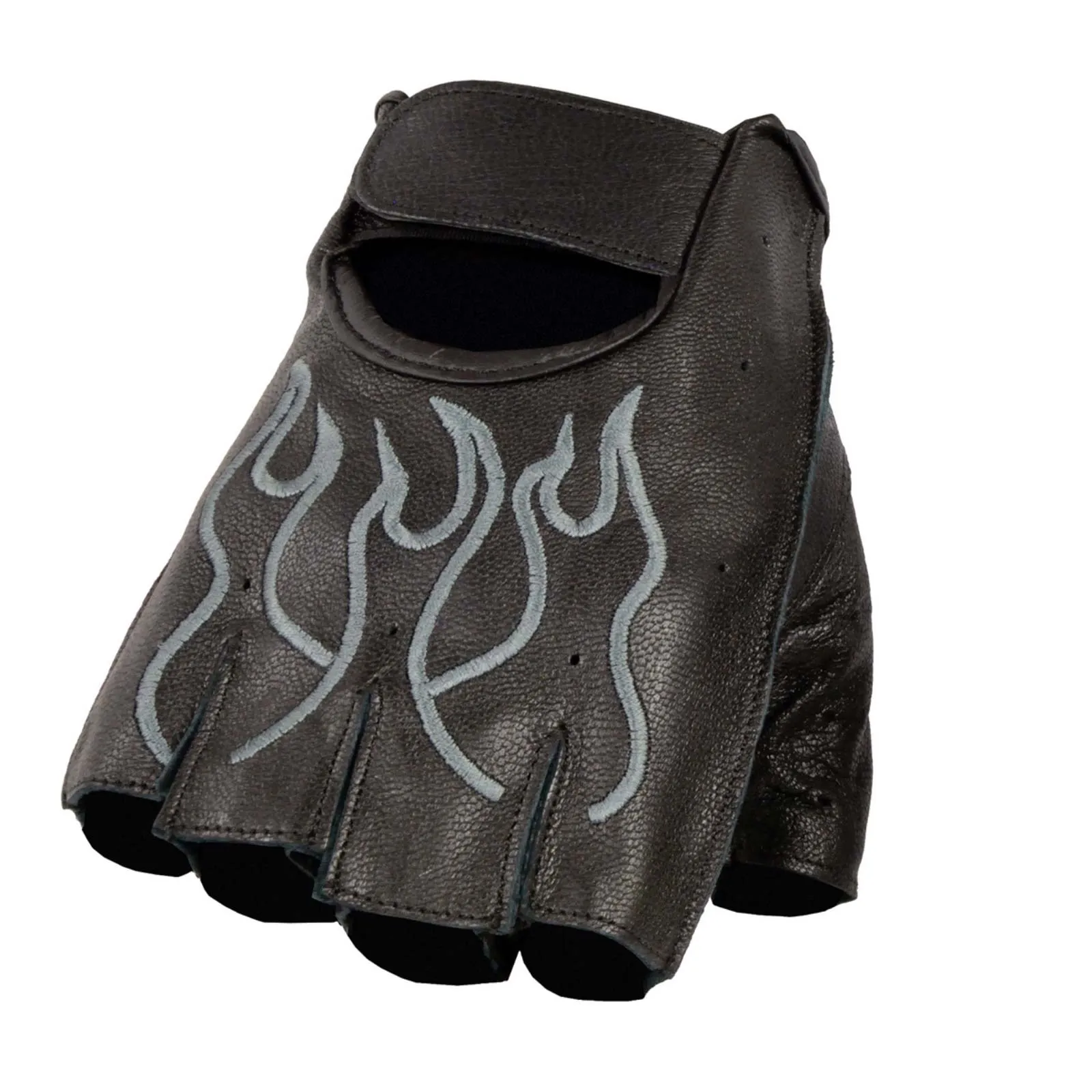 Grey Flame SH198 Men's Black Leather Gel Padded Palm Fingerless Motorcycle Hand Gloves W/ Grey Flame Embroidered