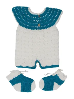 Handmade Graminarts Woolen Crochet Design Jumpsuit For New Born Baby Girl- White & Teal