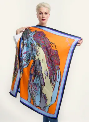 Horses in Love in Orange, 100% Silk Twill, 110cm Square