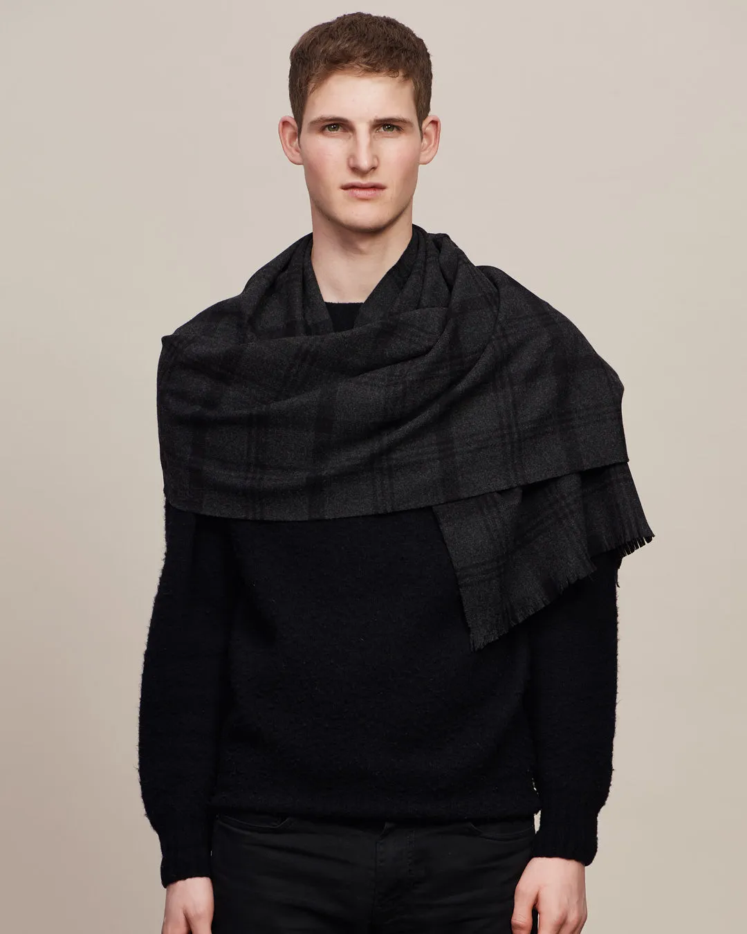 Joshua Ellis - Plaid Featherweight Escorial Wool Scarf Charcoal x Black