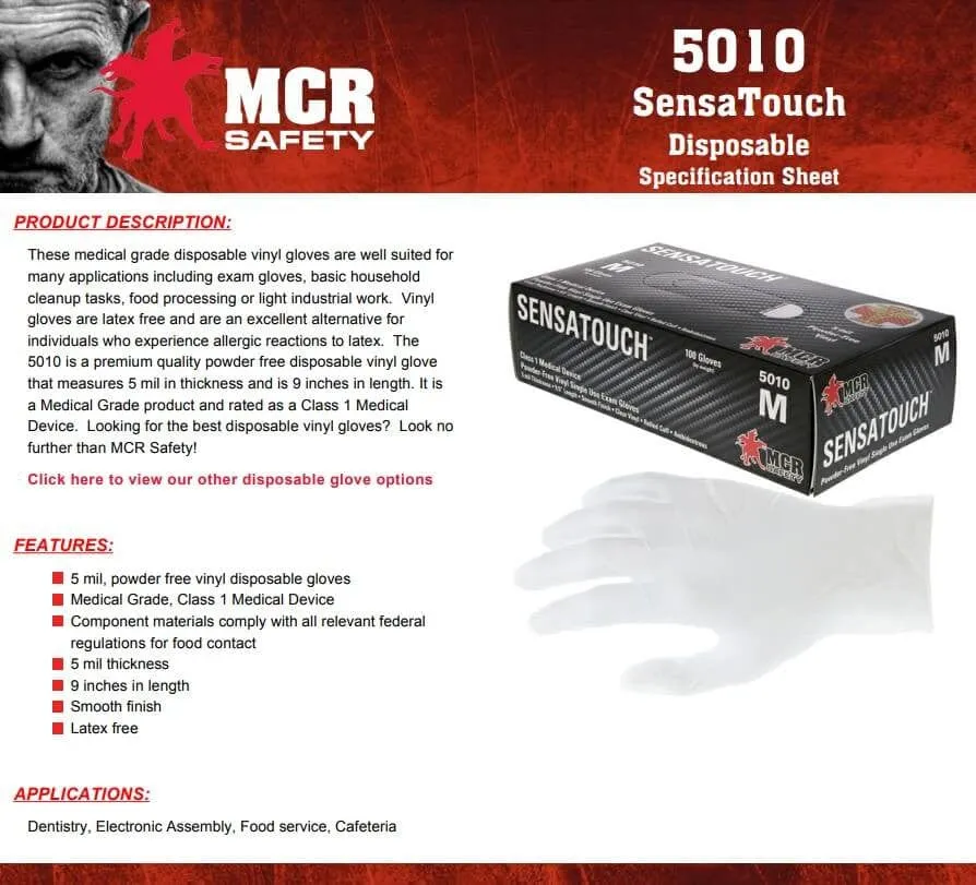 MCR Safety 5010 SensaTouch Disposable Gloves Clear Vinyl Medical Grade Powder Free 5-Mil (Box 100)