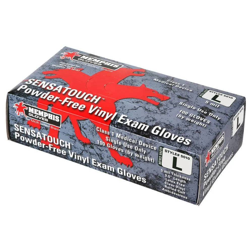 MCR Safety 5010 SensaTouch Disposable Gloves Clear Vinyl Medical Grade Powder Free 5-Mil (Box 100)