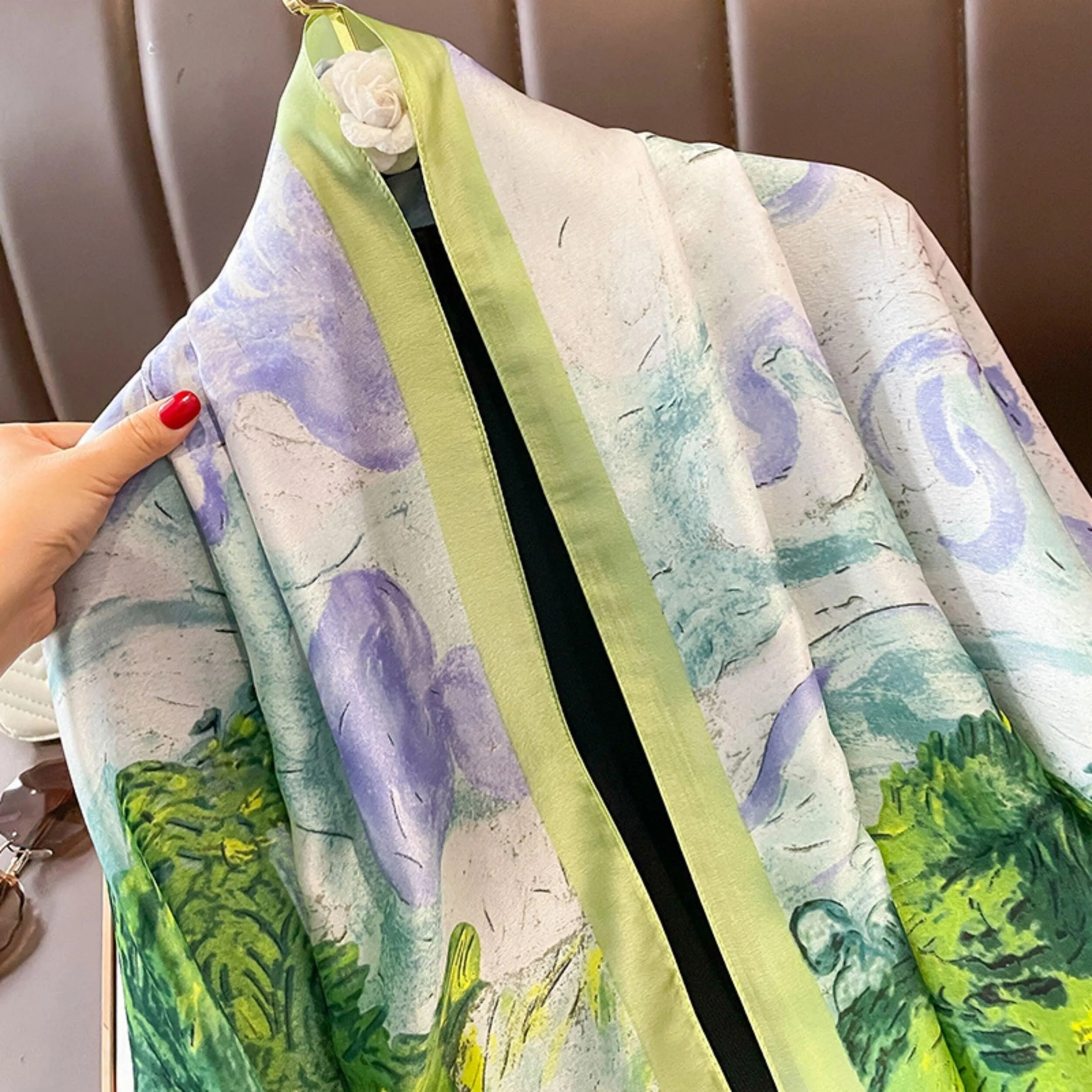 Oil Painting Bright Green Long Scarf/180cm*90cm/Satin Long Scarf/Boho shawl/Satin shawl/Head scarf/Gift for mom