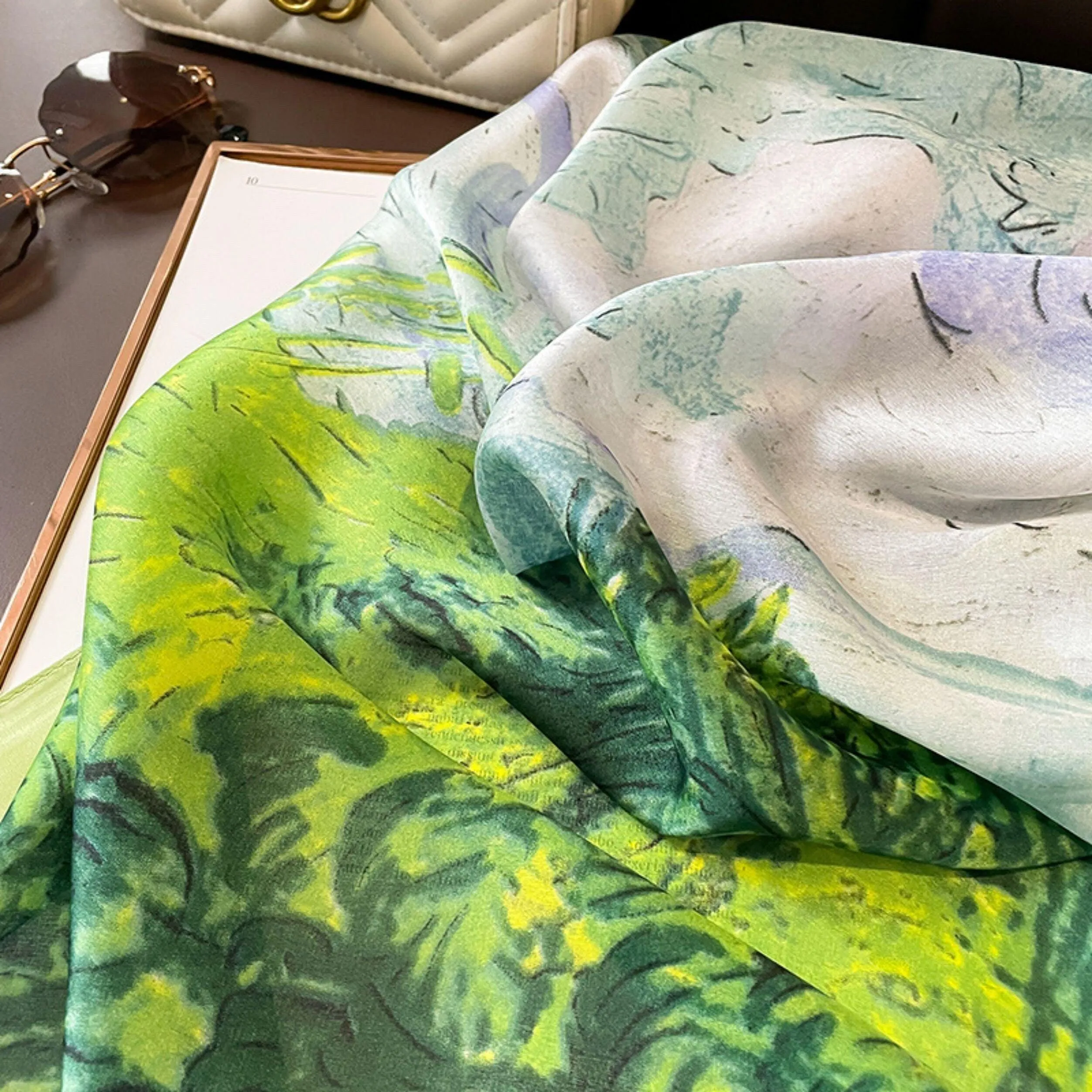 Oil Painting Bright Green Long Scarf/180cm*90cm/Satin Long Scarf/Boho shawl/Satin shawl/Head scarf/Gift for mom