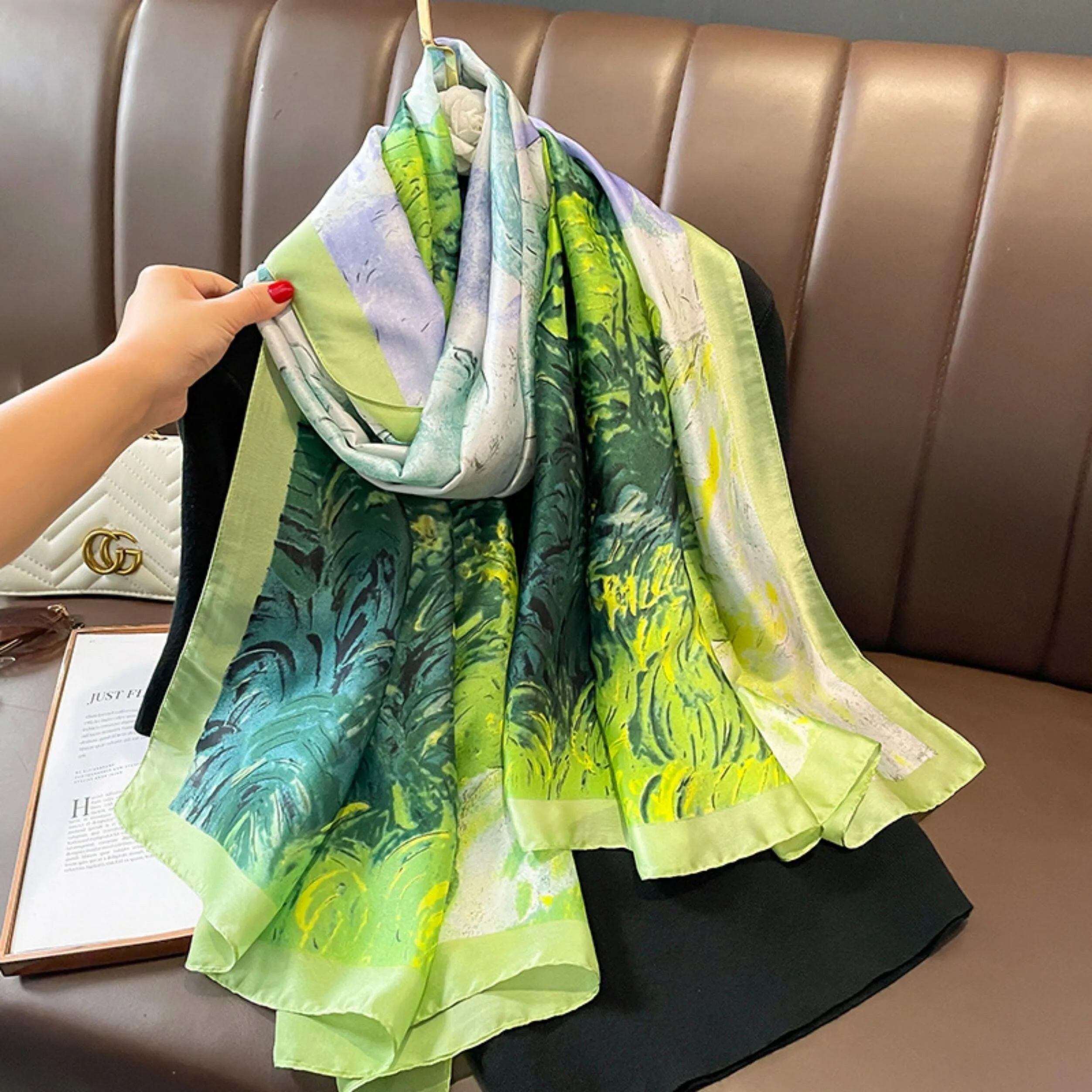 Oil Painting Bright Green Long Scarf/180cm*90cm/Satin Long Scarf/Boho shawl/Satin shawl/Head scarf/Gift for mom