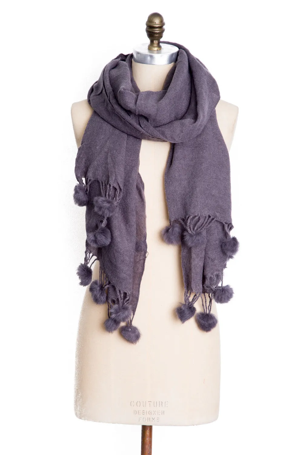 Pom Pom Scarf in Grey