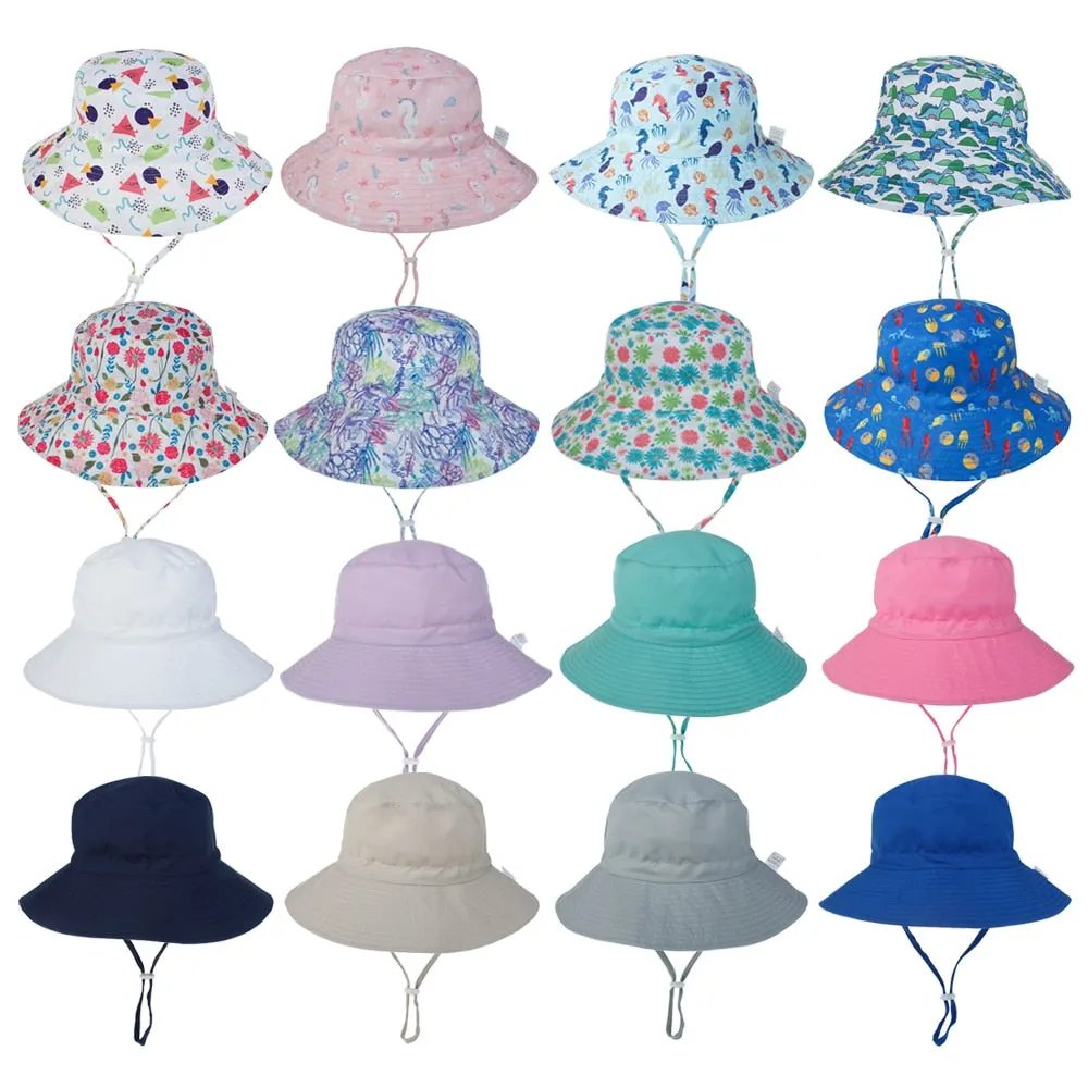 Summer Outdoor UV Protection Bucket Hat for Baby Kids Wide Brim  Beach Sun Hat Adjustable Chin Strap Cap for 0-8 Years Girl Boy