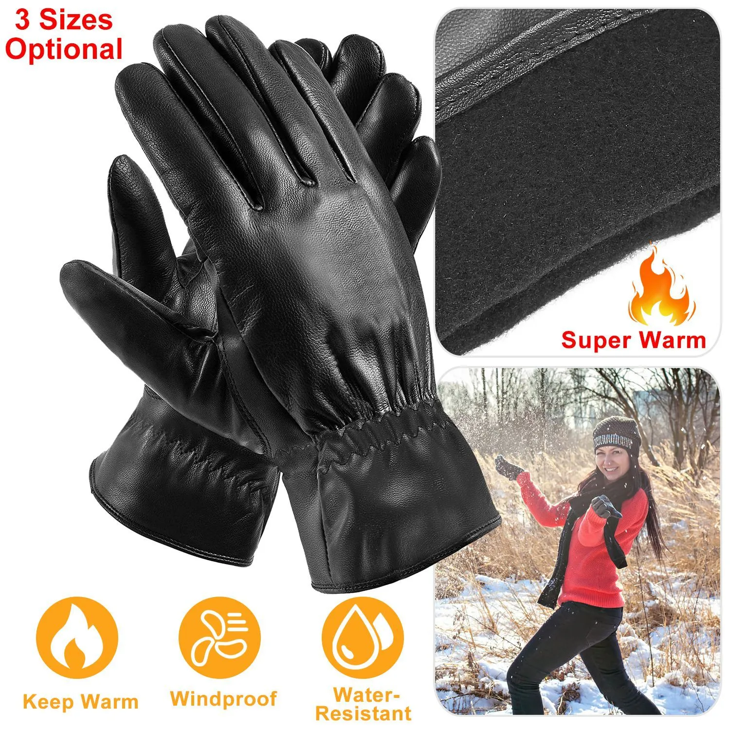 Unisex Leather Winter Warm Gloves