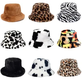 Winter Cow Leopard Faux Fur Fluffy Bucket Hats Women Outdoor Warm Sun Hat Soft Velvet Furly Fisherman Cap Lady Fashion Panama