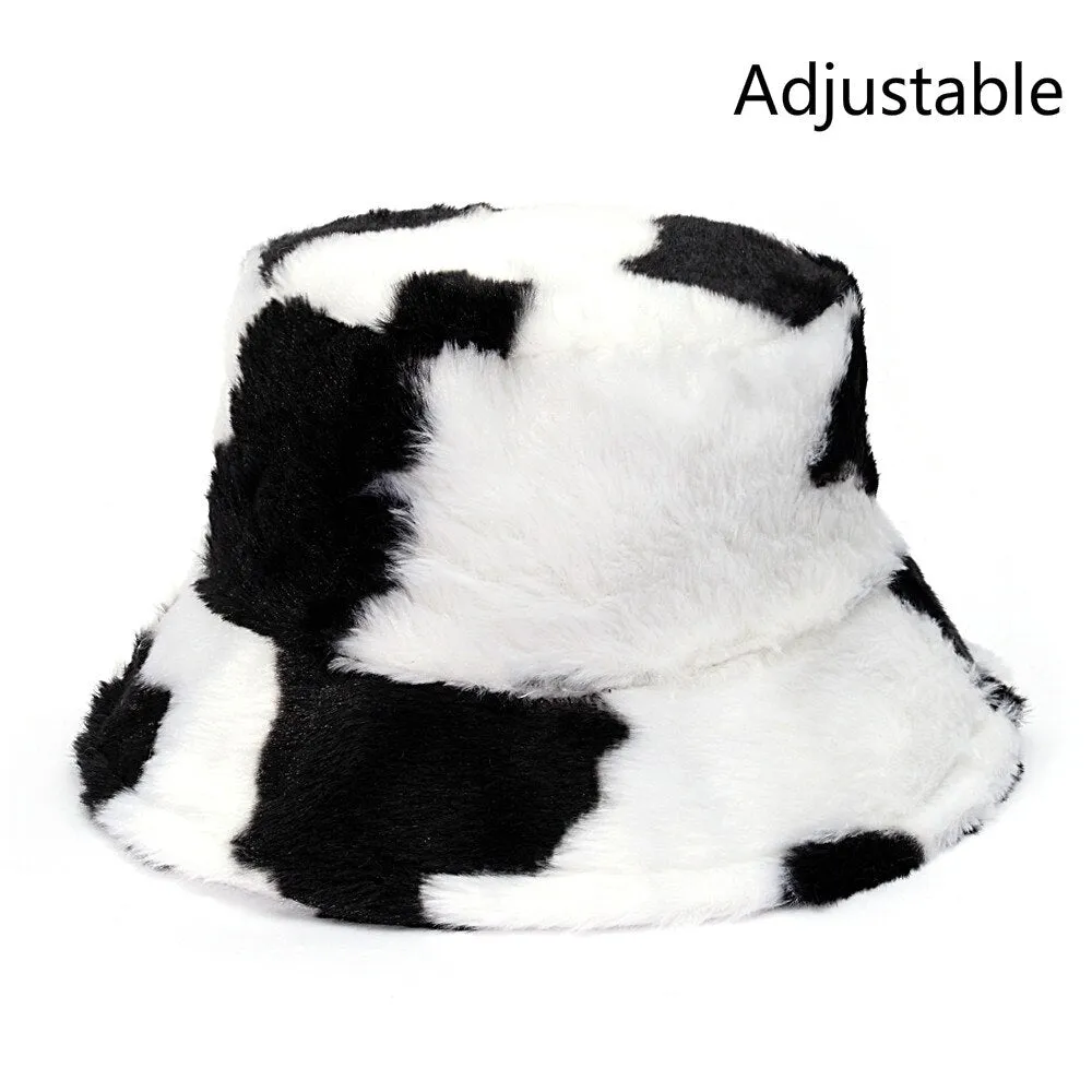 Winter Cow Leopard Faux Fur Fluffy Bucket Hats Women Outdoor Warm Sun Hat Soft Velvet Furly Fisherman Cap Lady Fashion Panama