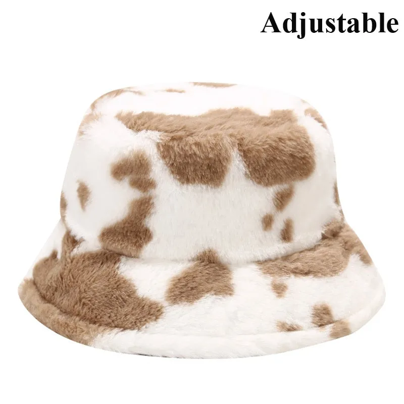 Winter Cow Leopard Faux Fur Fluffy Bucket Hats Women Outdoor Warm Sun Hat Soft Velvet Furly Fisherman Cap Lady Fashion Panama