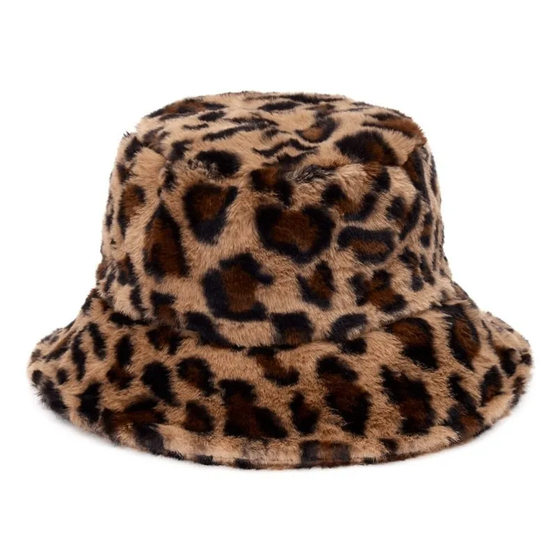 Winter Cow Leopard Faux Fur Fluffy Bucket Hats Women Outdoor Warm Sun Hat Soft Velvet Furly Fisherman Cap Lady Fashion Panama
