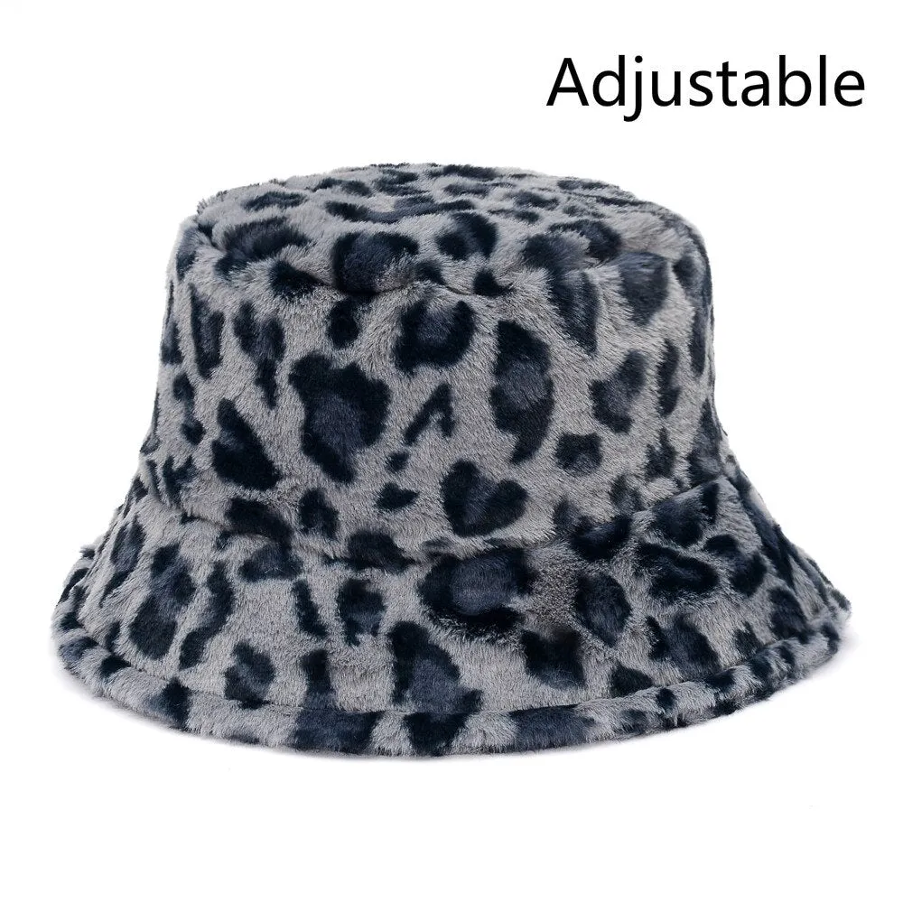 Winter Cow Leopard Faux Fur Fluffy Bucket Hats Women Outdoor Warm Sun Hat Soft Velvet Furly Fisherman Cap Lady Fashion Panama