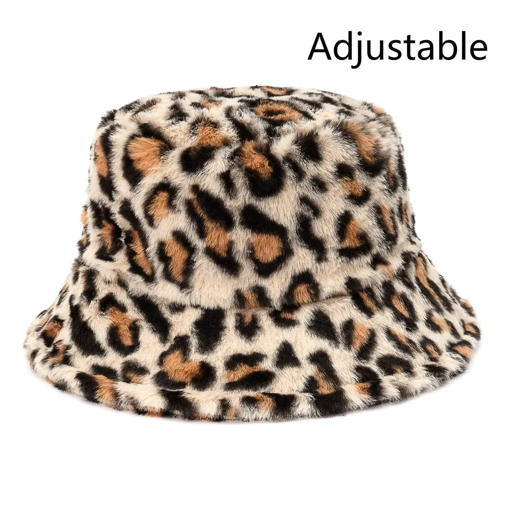 Winter Cow Leopard Faux Fur Fluffy Bucket Hats Women Outdoor Warm Sun Hat Soft Velvet Furly Fisherman Cap Lady Fashion Panama