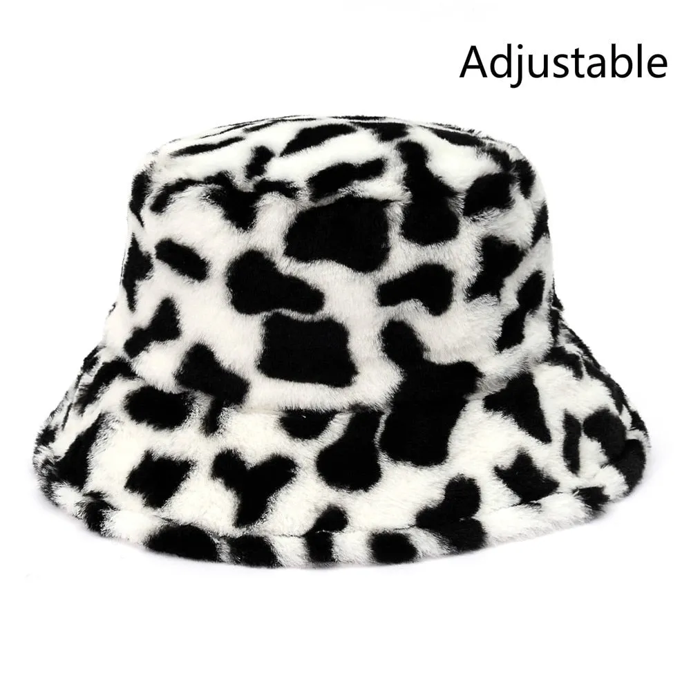 Winter Cow Leopard Faux Fur Fluffy Bucket Hats Women Outdoor Warm Sun Hat Soft Velvet Furly Fisherman Cap Lady Fashion Panama