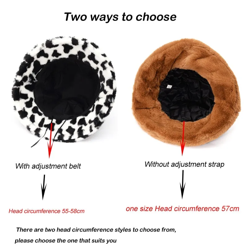 Winter Cow Leopard Faux Fur Fluffy Bucket Hats Women Outdoor Warm Sun Hat Soft Velvet Furly Fisherman Cap Lady Fashion Panama