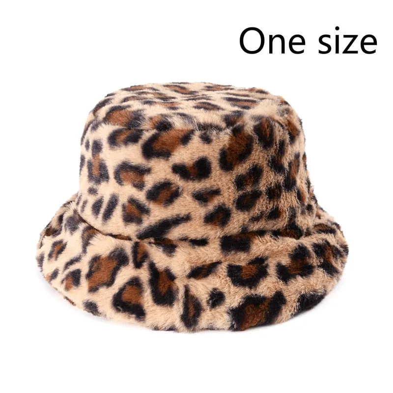 Winter Cow Leopard Faux Fur Fluffy Bucket Hats Women Outdoor Warm Sun Hat Soft Velvet Furly Fisherman Cap Lady Fashion Panama