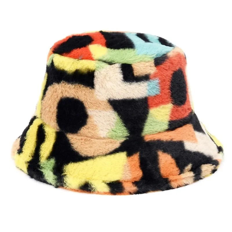 Winter Cow Leopard Faux Fur Fluffy Bucket Hats Women Outdoor Warm Sun Hat Soft Velvet Furly Fisherman Cap Lady Fashion Panama