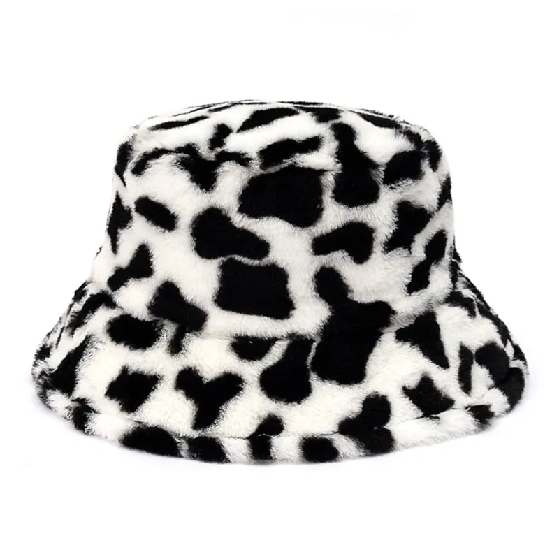Winter Cow Leopard Faux Fur Fluffy Bucket Hats Women Outdoor Warm Sun Hat Soft Velvet Furly Fisherman Cap Lady Fashion Panama