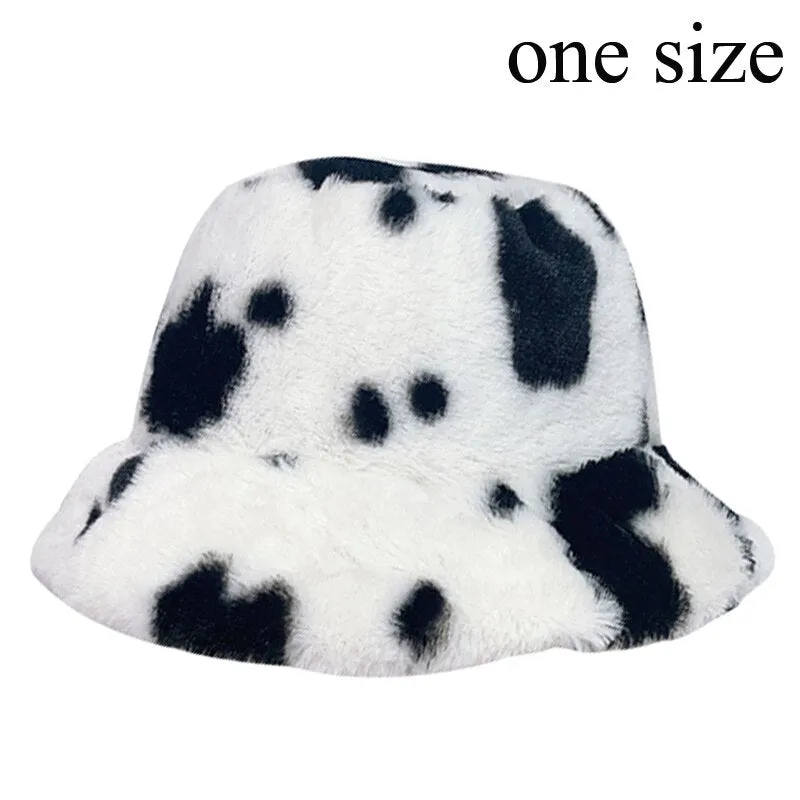 Winter Cow Leopard Faux Fur Fluffy Bucket Hats Women Outdoor Warm Sun Hat Soft Velvet Furly Fisherman Cap Lady Fashion Panama