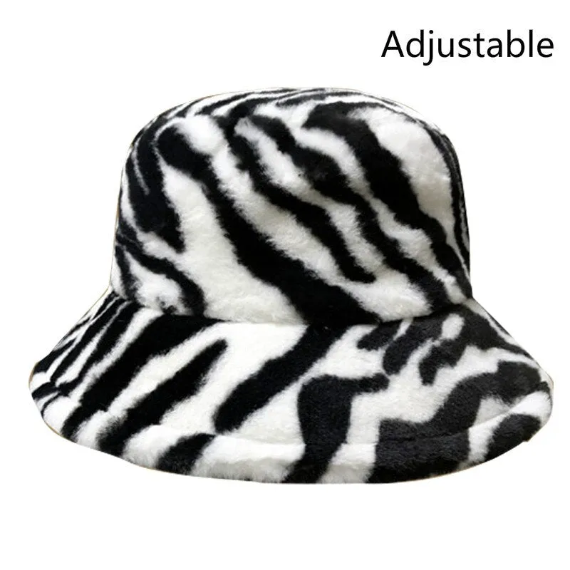 Winter Cow Leopard Faux Fur Fluffy Bucket Hats Women Outdoor Warm Sun Hat Soft Velvet Furly Fisherman Cap Lady Fashion Panama