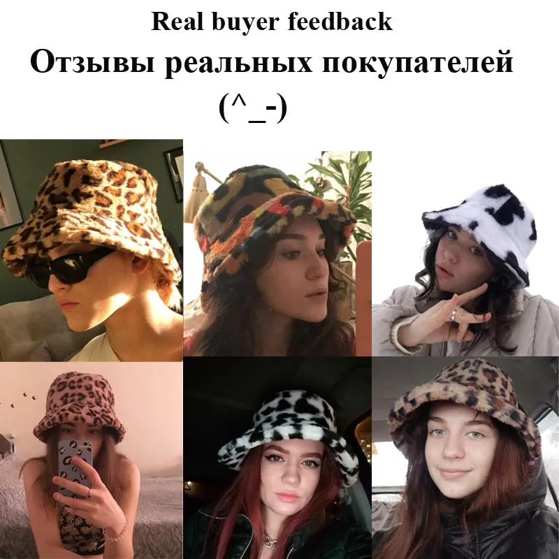 Winter Cow Leopard Faux Fur Fluffy Bucket Hats Women Outdoor Warm Sun Hat Soft Velvet Furly Fisherman Cap Lady Fashion Panama