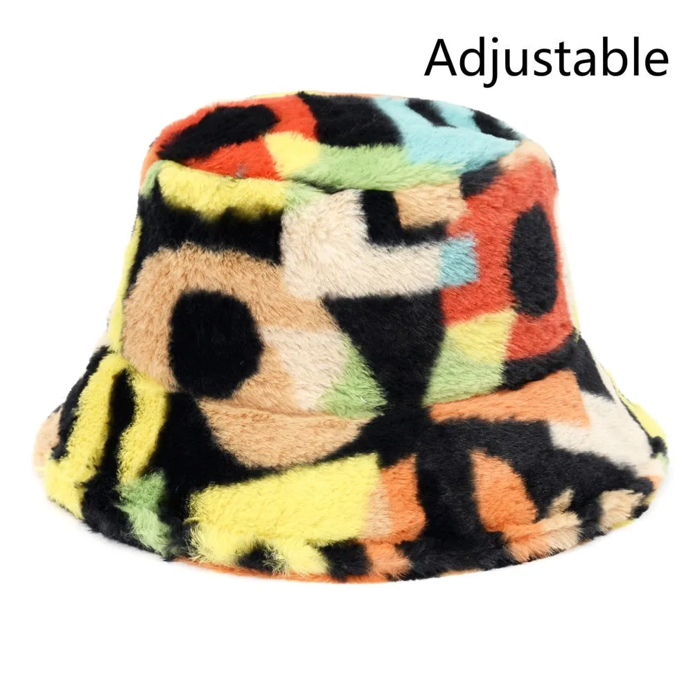 Winter Cow Leopard Faux Fur Fluffy Bucket Hats Women Outdoor Warm Sun Hat Soft Velvet Furly Fisherman Cap Lady Fashion Panama