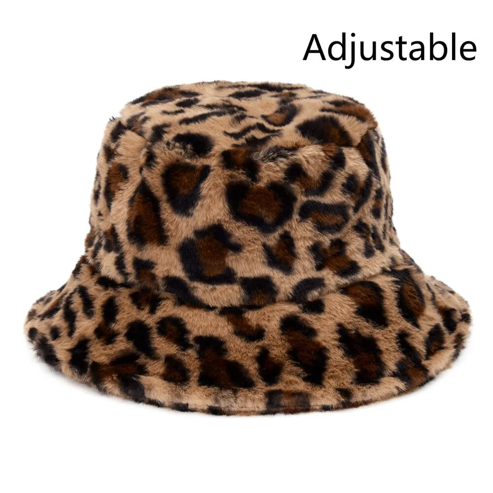 Winter Cow Leopard Faux Fur Fluffy Bucket Hats Women Outdoor Warm Sun Hat Soft Velvet Furly Fisherman Cap Lady Fashion Panama